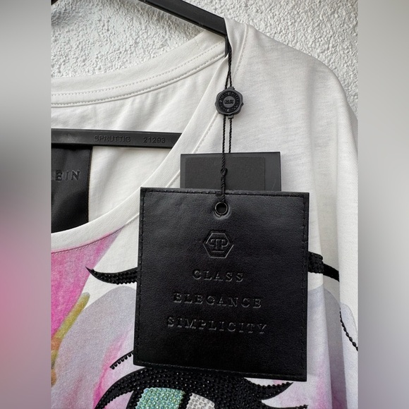 New Women Philipp Plein Hieroglyphs Flower Crew Neck Tee T-shirt Top Bling White - Picture 4 of 10